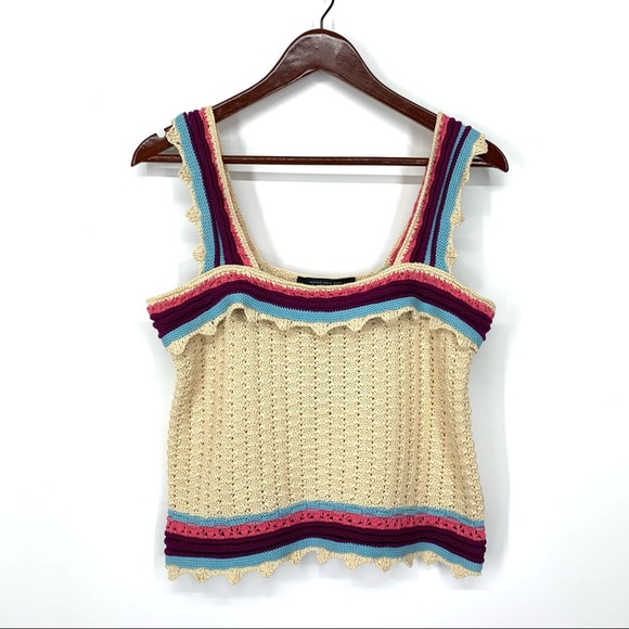 Andrew Marc New York Cream Crocheted Ruffle Stripe Boho Knit Tank Top New Nwt - Picture 9 of 16
